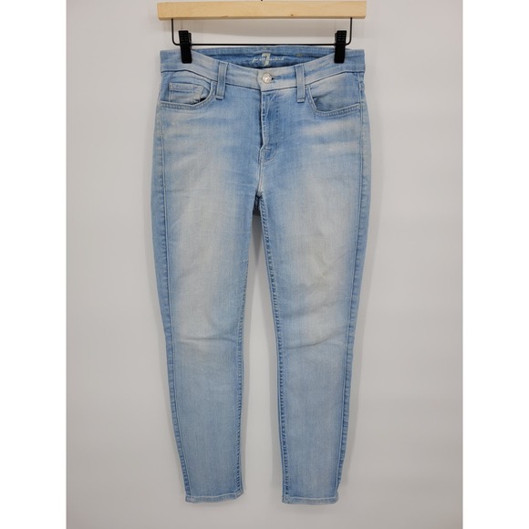 7 for All Mankind 27 Mid-Rise Cropped Skinny Jeans Light Wash Slim Faded - Picture 1 of 7